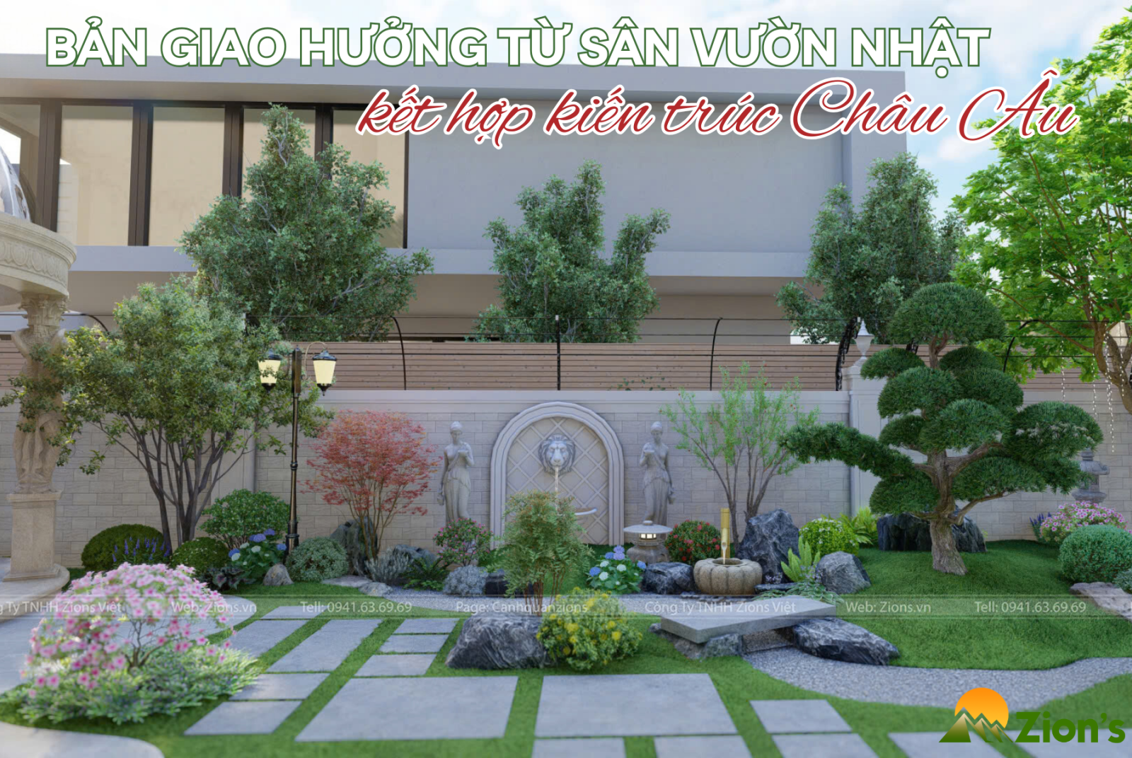 Thiết kế sân vườn Nhật Bản kết hợp kiến trúc Châu Âu